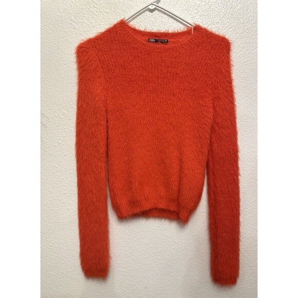 Zara Fuzzy Furry Red Orange Sweater Women M (small) Open Back Cut Out Soft - Picture 1 of 12